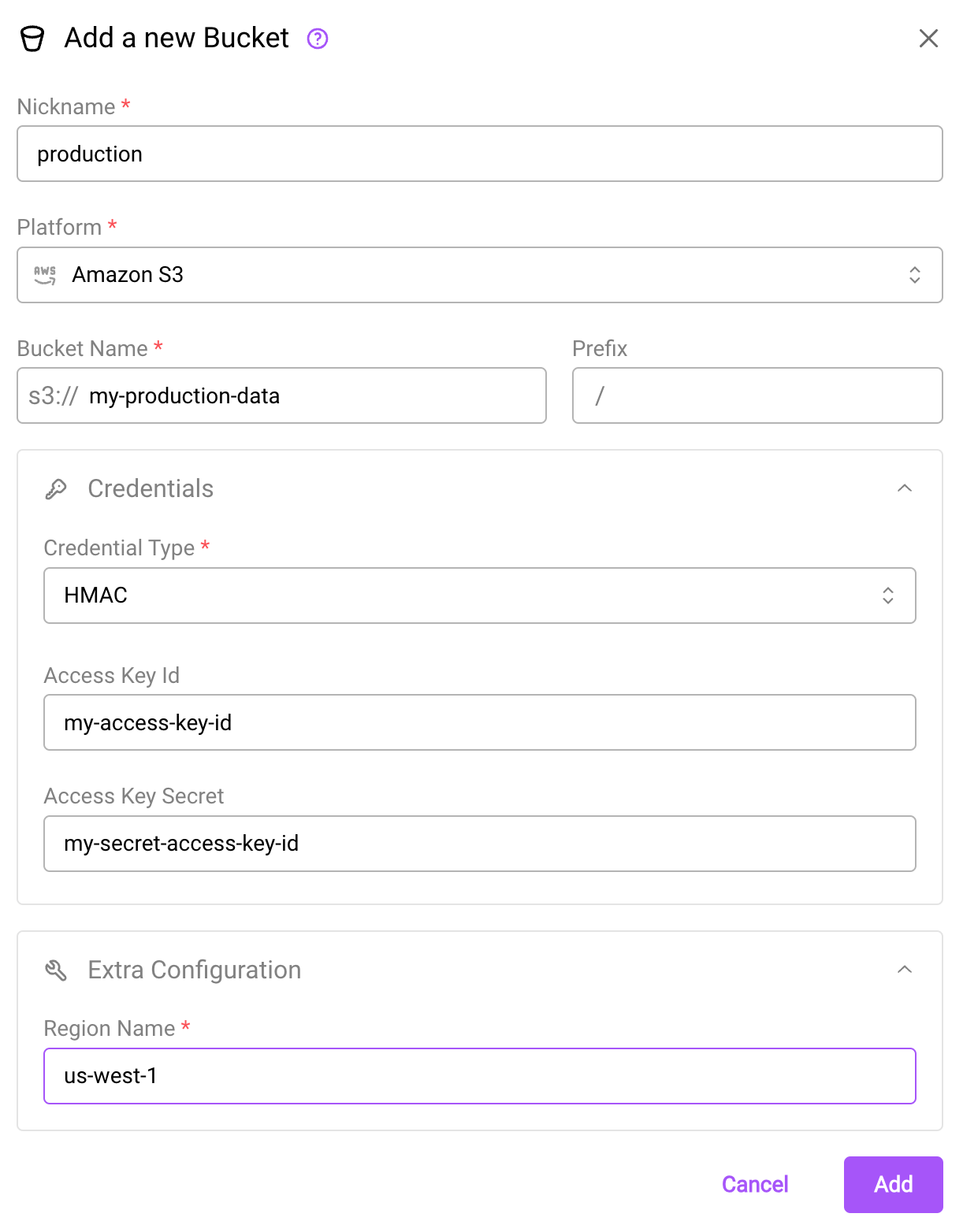 Create a bucket in the webapp using HMAC access delegation.