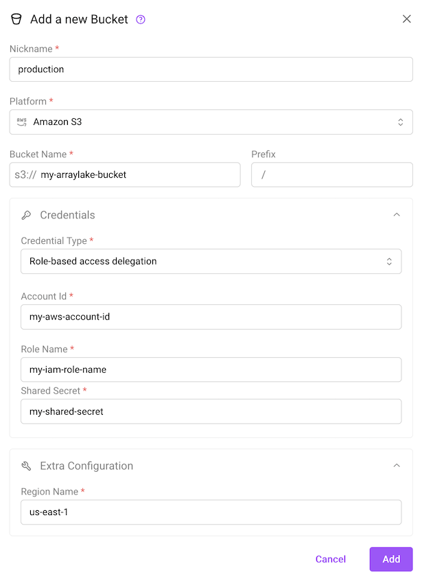 Create a bucket in the webapp using role-based access delegation.