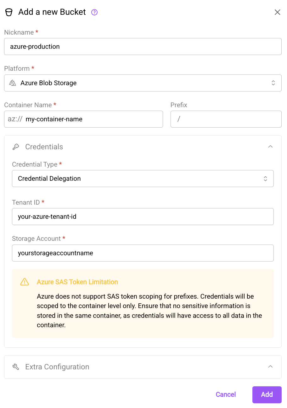 Create a bucket config for a Azure blob storage container in the webapp using credential delegation.