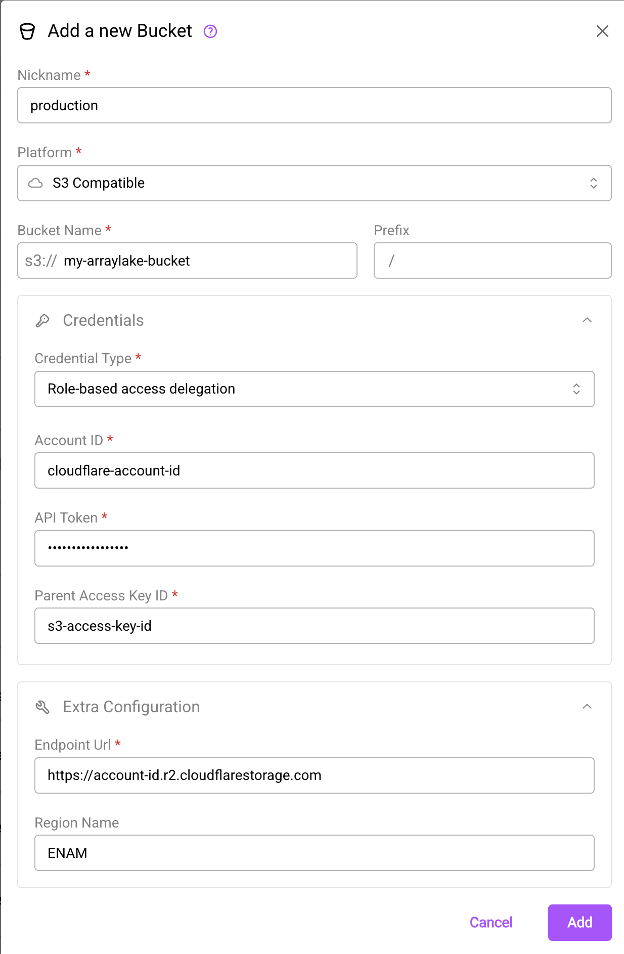 Create a bucket in the webapp using role-based access delegation for R2.