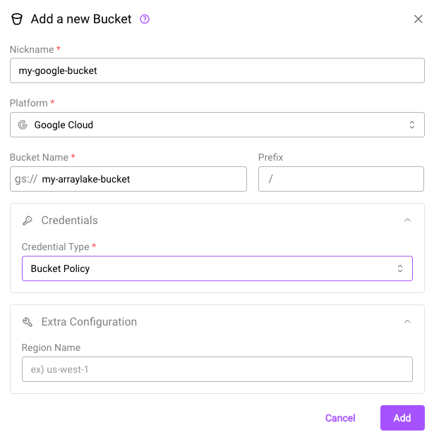 Google Cloud Storage bucket configuration