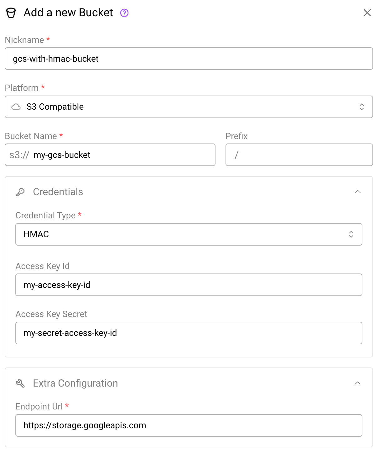 Create a GCS bucket in the webapp using HMAC access delegation.