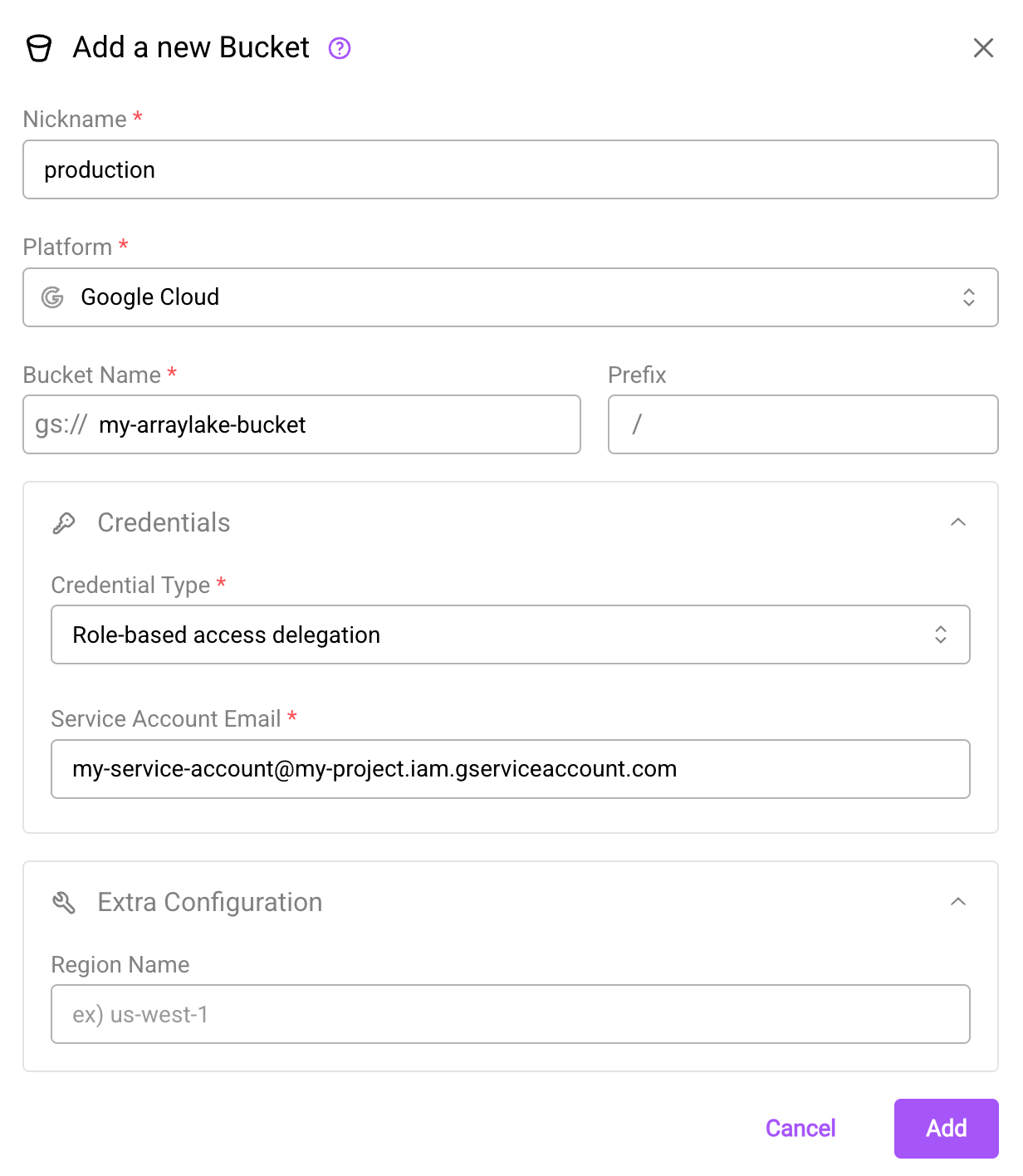 Create a bucket in the webapp using role-based access delegation for GCS.