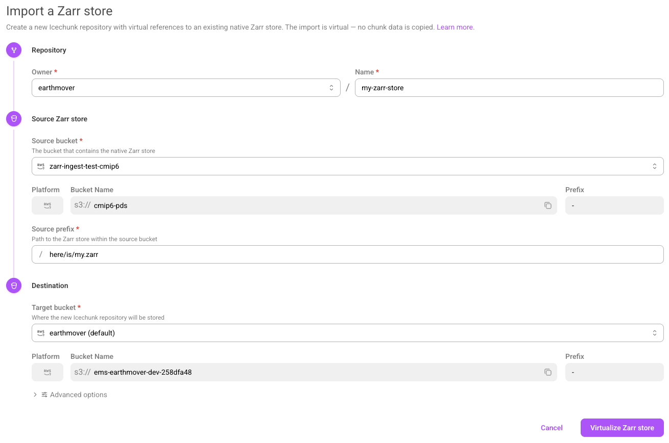 Importing a Zarr store in the web app.