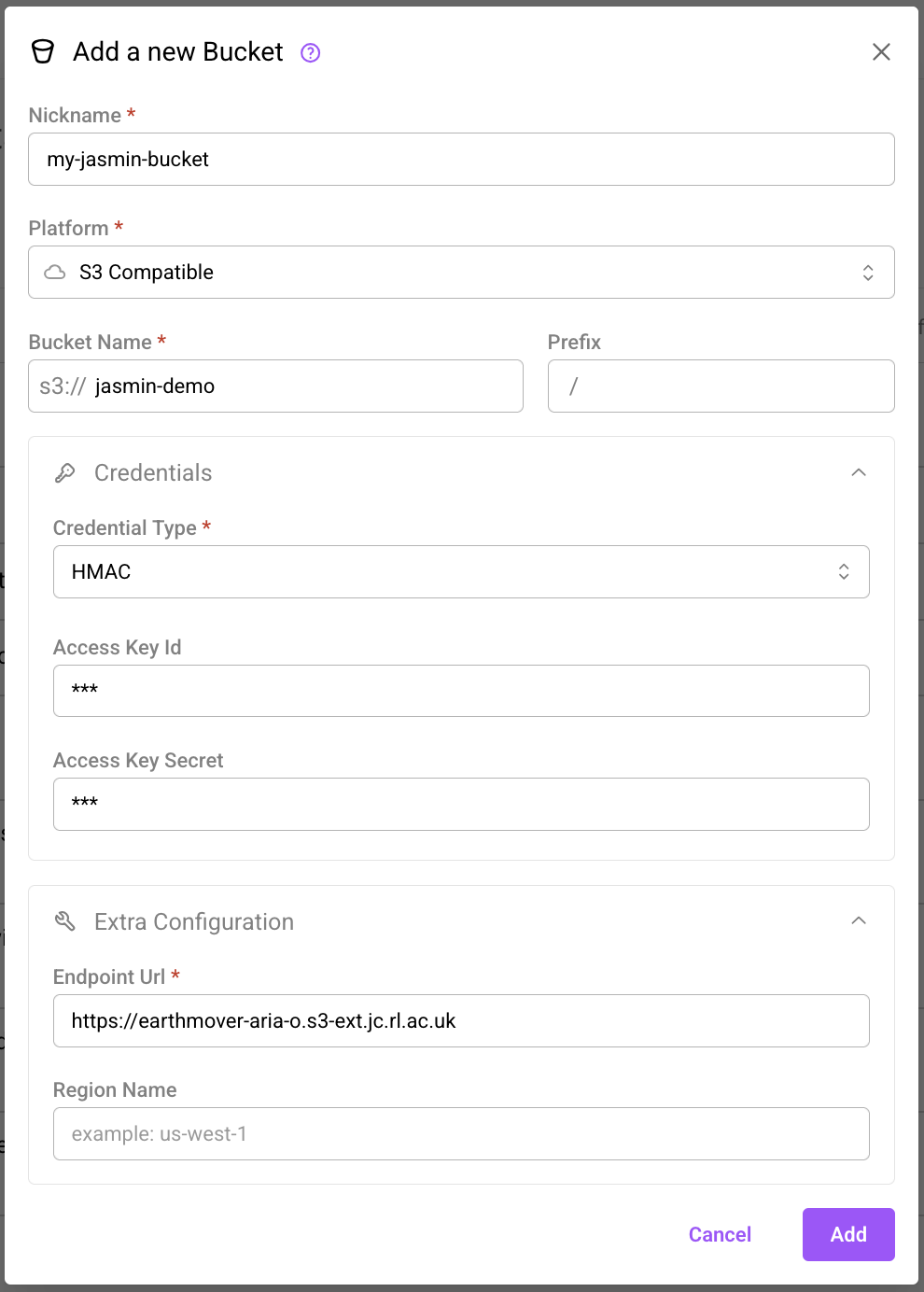 JASMIN bucket configuration in the Arraylake web app