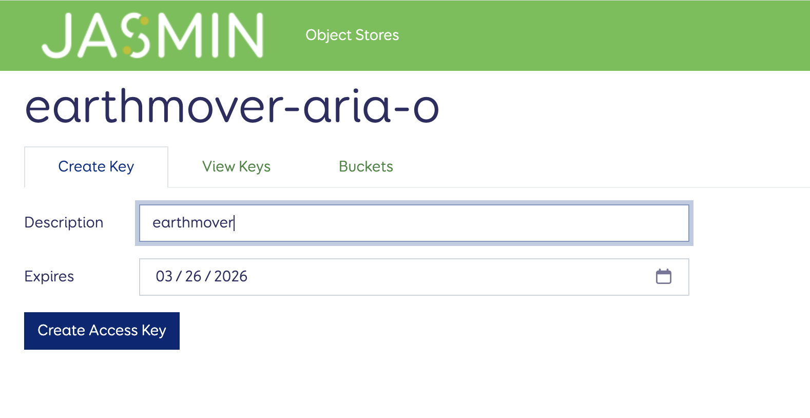 JASMIN Object Store Portal — creating an access key