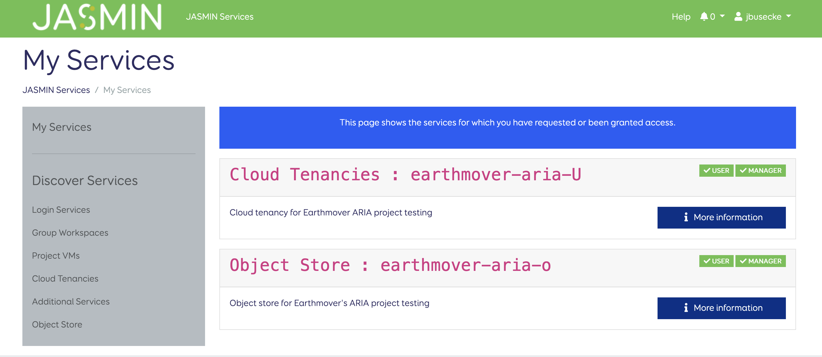 JASMIN Accounts Portal showing object store service