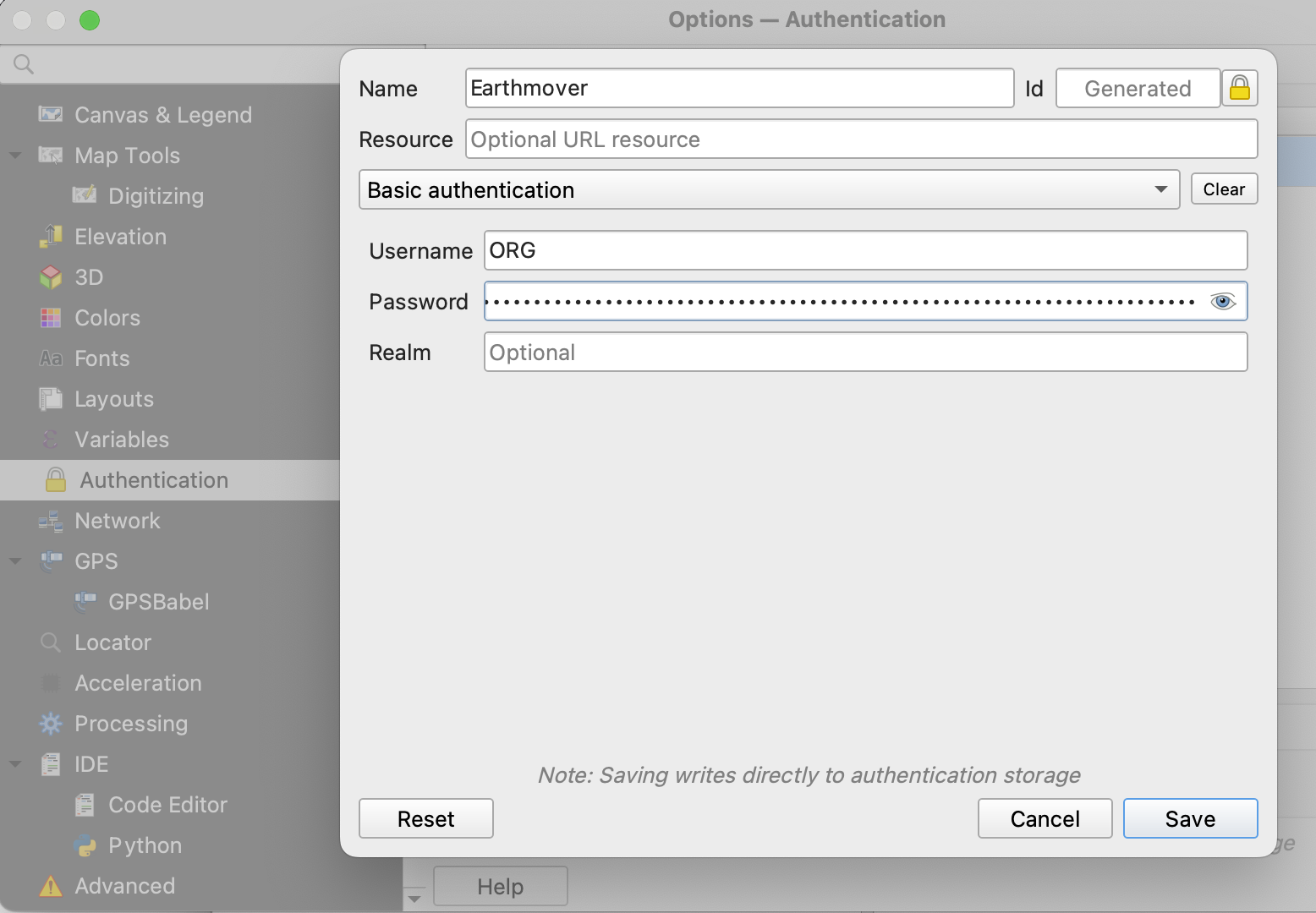 QGIS Authentication dialog