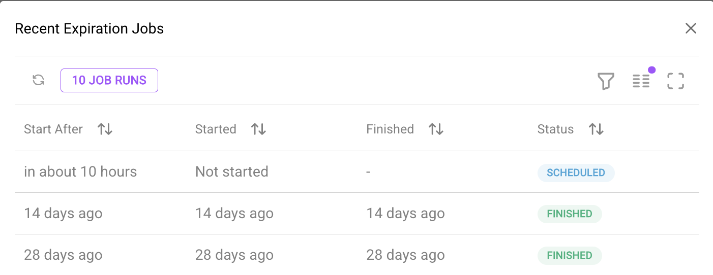 Recent expiration jobs history