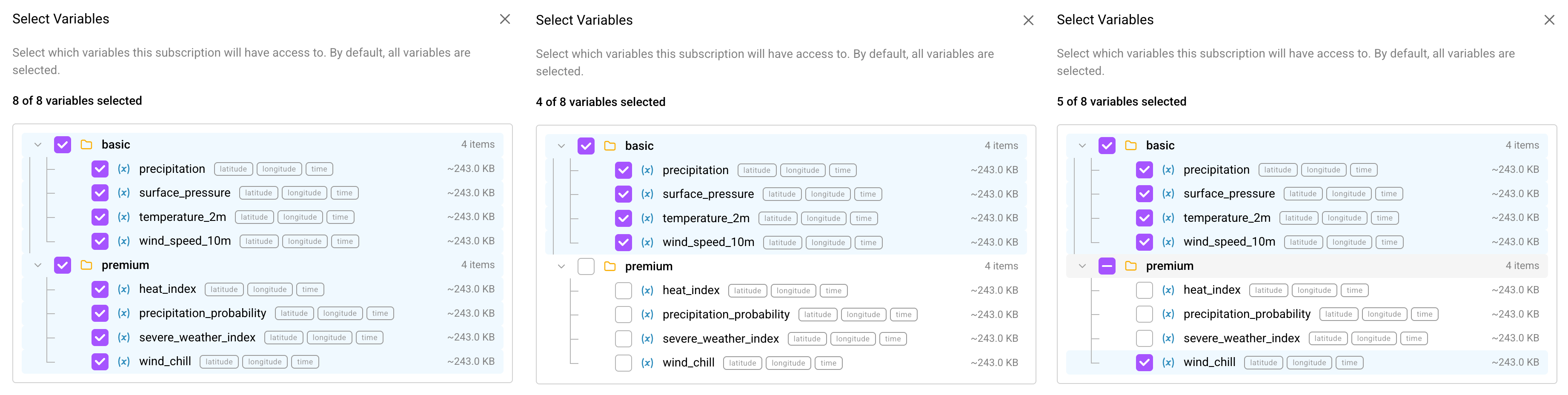 Three examples of subscription variable selection: basic variables only, basic plus premium variables, and a custom mix