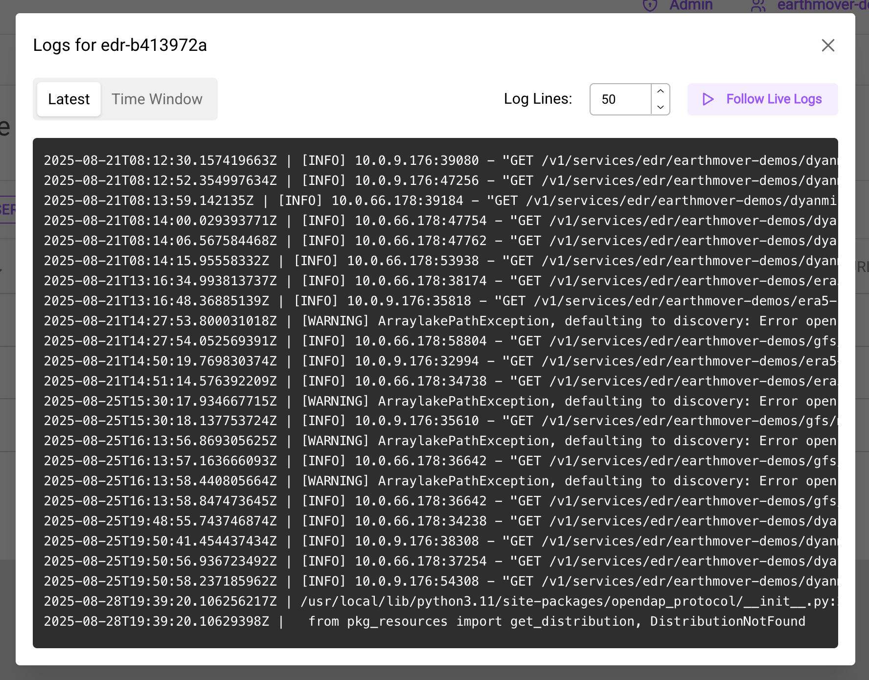 Example logs from a Flux Service