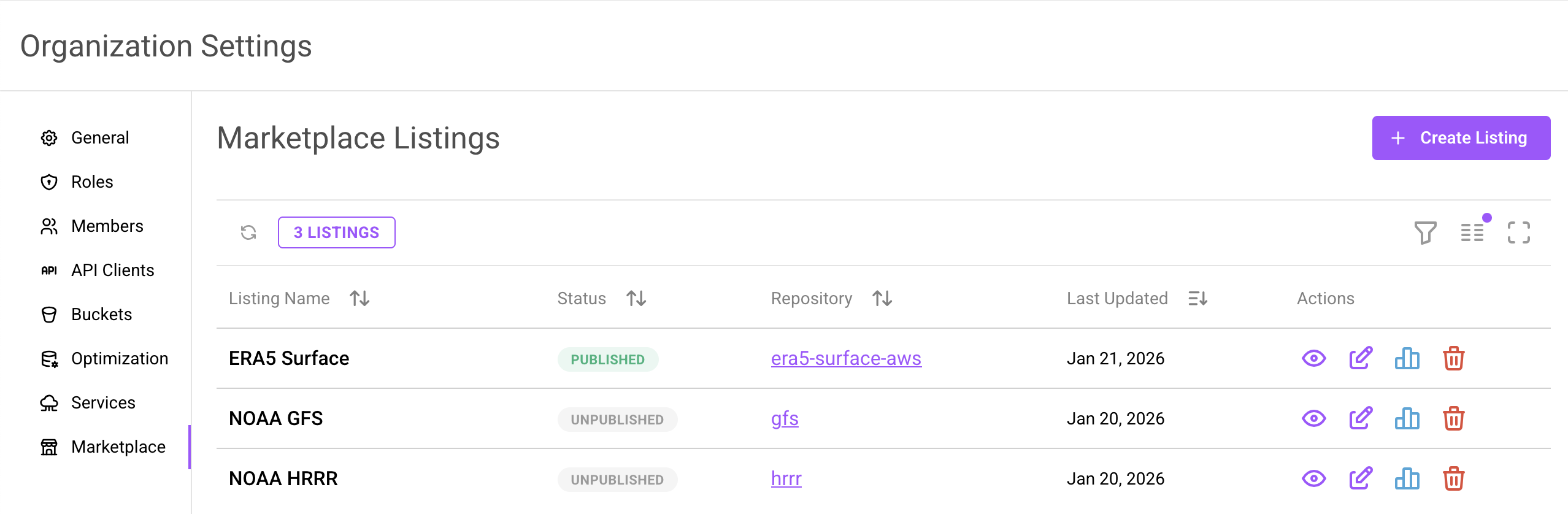 Marketplace listings management page