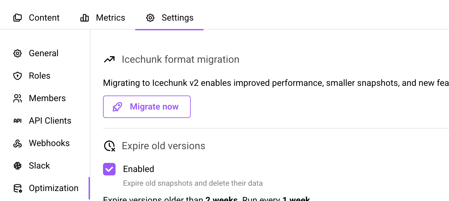 Migrate to Icechunk 2 button in repository settings