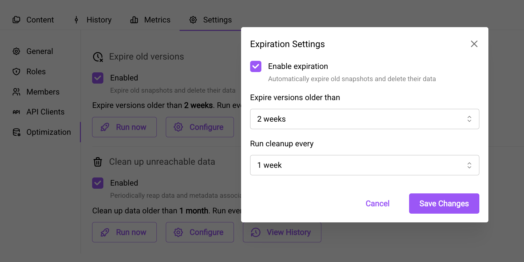 Expiration settings configuration modal