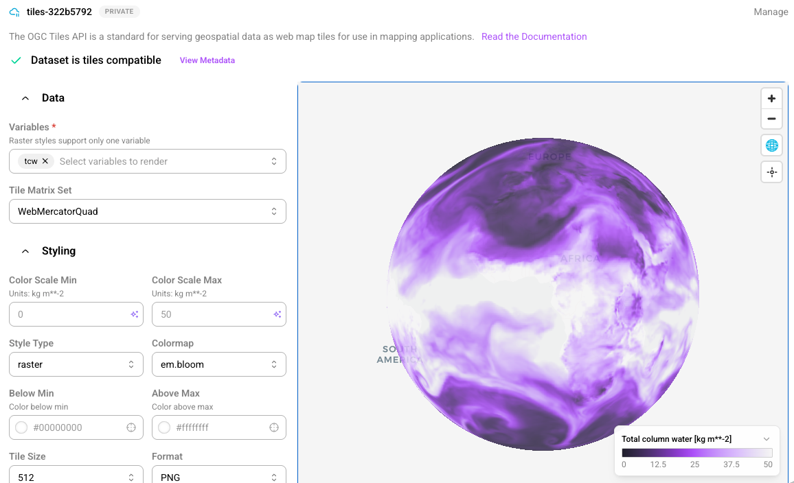The Tiles data access view: total column water vapor rendered on a globe, with variable and styling controls alongside it.